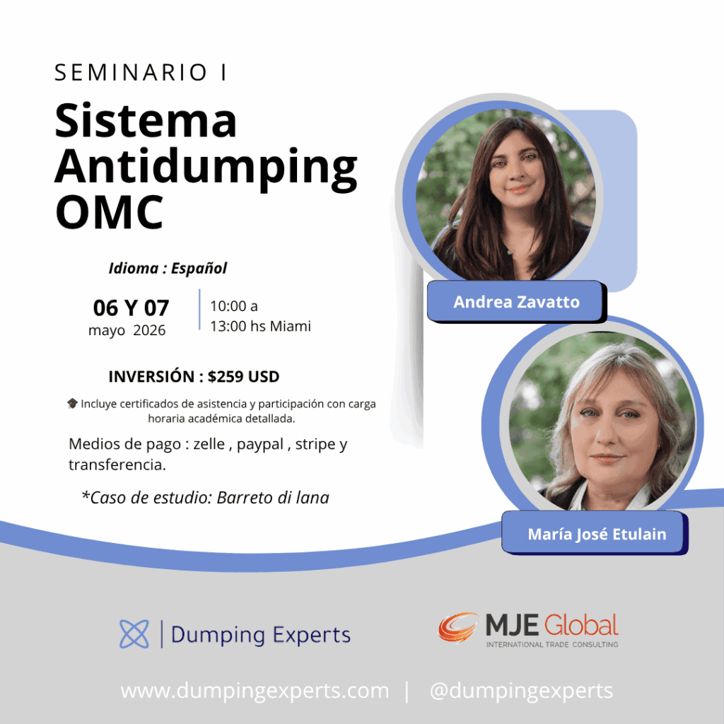 Flyer Seminario I Imagen promocional del Seminario I de Dumping Experts, que presenta la capacitación sobre prácticas de dumping, normativa OMC y análisis de casos. Incluye fecha del evento, modalidad online y datos de registro