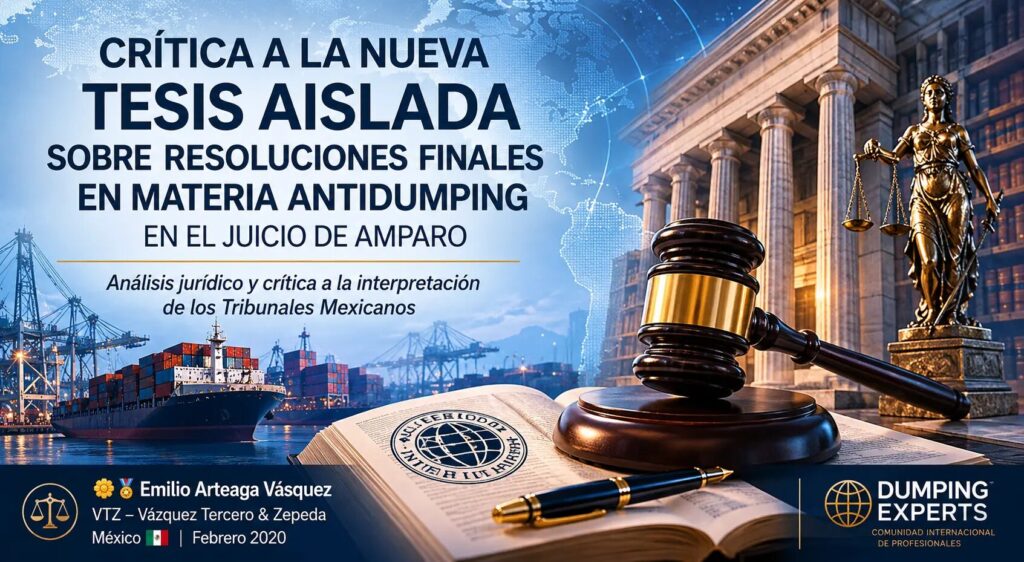 Crítica a la nueva tesis aislada sobre resoluciones finales en materia antidumping en el juicio de amparo. Artículo de Emilio Arteaga Vásquez sobre legitimación procesal y defensa comercial en México.